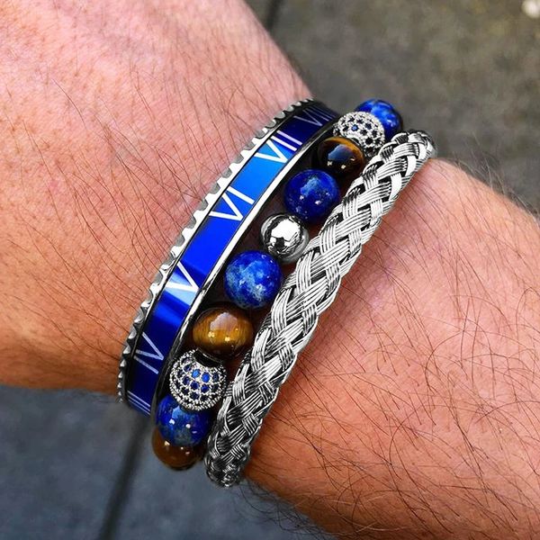 Luxe 3pcs / set Royal en acier inoxydable Bracelets romains Bracelets bleu Cz boule Lapis Lazuli pierre tressée bijoux pour Drop 240226