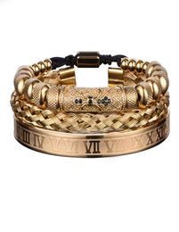 Luxe 3 -stcset Flower Charm Gold Bangles roestvrijstalen armband mannen Roman nummer Europe Mode sieraden geschenk voor mannelijk vrouwelijk8060868