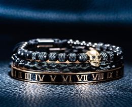 Luxe 3 -stcset Skull Charm Black Gold Bracelet roestvrij staal mannen Email Romeins nummer Bangles Europe Mode paar sieraden 22079055370