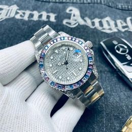 Luxe 40 mm herenhorloge Iced Out Bling Diamonds Automatische saffier Bril Roestvrij staal Pols Zilver Roestvrij staal Rubber str316w