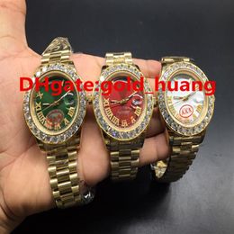 Luxo 43mm Ouro Grandes diamantes Relógio de homem mecânico Vermelho verde branco azul mostrador de ouro de alta qualidade Automático de aço inoxidável men307K