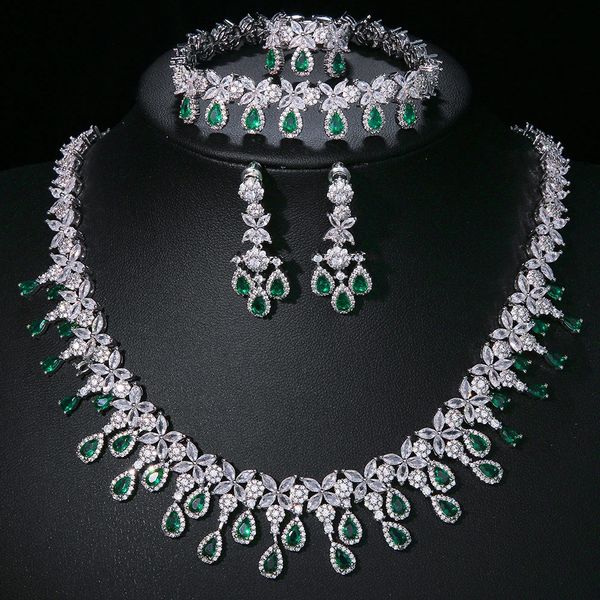 Luxe 4 pièces ensembles de bijoux de mariage de mariée pierre verte cristal AAA cubique zircone robe de soirée ensemble de bijoux fins pour les femmes 240320