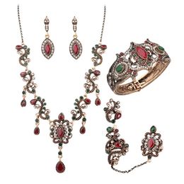 Luxe 4 stks Turkije Sieraden Sets Vintage Look Red Necklace Earrings Set Color Antique Gold Unieke Crystal Love Gift voor Dames H1022