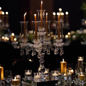 Luxe 5 Arms Wedding Props K9 Crystal Candle Holders Wedding Centerpieces Luxe bruiloft Event Decoraties Bruiloft achtergrond kandelaar Holder Wed Dings Props