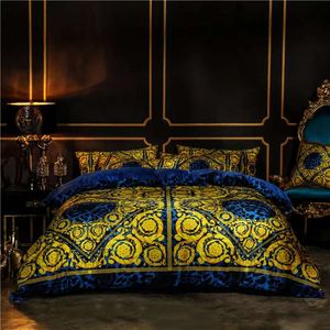 Lujo 5 piezas Estampado de leopardo Queen Gold Blue Nevy Juegos de cama King Designer Winter Worm Juegos de cama Tejido estilo europeo Funda de edredón Fundas de almohada Sábana