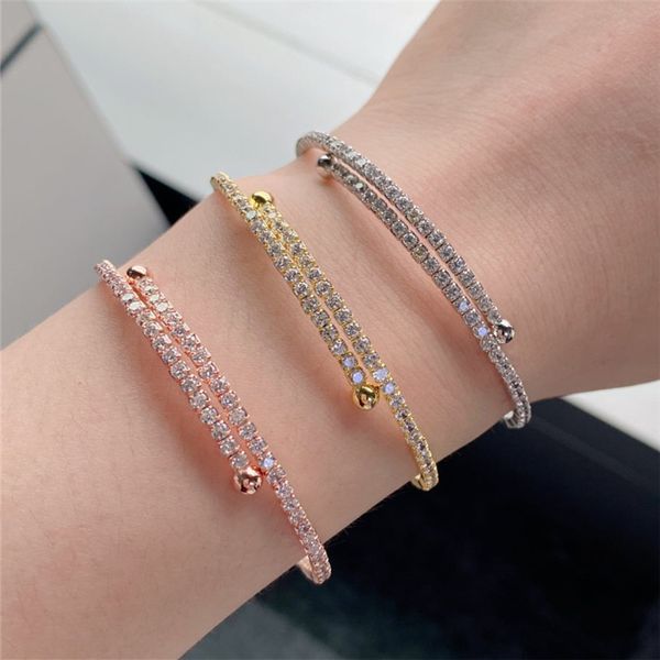 Luxe 6.2mm Deux Rangées Tennis Love Designer Bracelet pour Femme Or Rose 925 Bijoux en Argent Sterling Blanc 5A Cubic Zirconia Chaîne Charme Bracelets pour Femmes Boîte-Cadeau