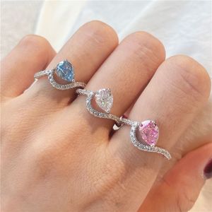 Fashion 8A Zirconia Water Drop S925 Sterling Silver Ring Designer for Woman Pink Blue Love Engagement Wedding Gold Diamond Rings Luxury Jewelry Gift Box Size 5-9