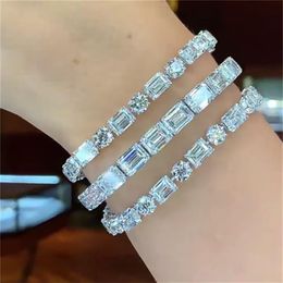 Luxus 925 Sterling Silber Brautschmuck Runde Rechteck Diamant Armband Armreif für Frauen Hochzeit Geschenk Schmuck Ganze auf Hand234F