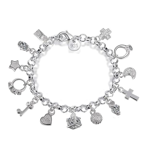 Luxe 925 chaînes en argent sterling bracelets serrure à clé croix anneaux étoile lune amour coeur charme mousqueton fermoir bracelet pour femmes bijoux de mode