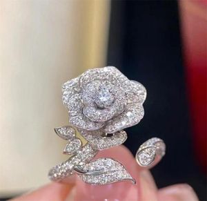 Luxury 925 Fleur en argent sterling Bague de diamant brillant Femelle Femelle Taille réglable Anneau de mariage Festival des bijoux Gift1320484