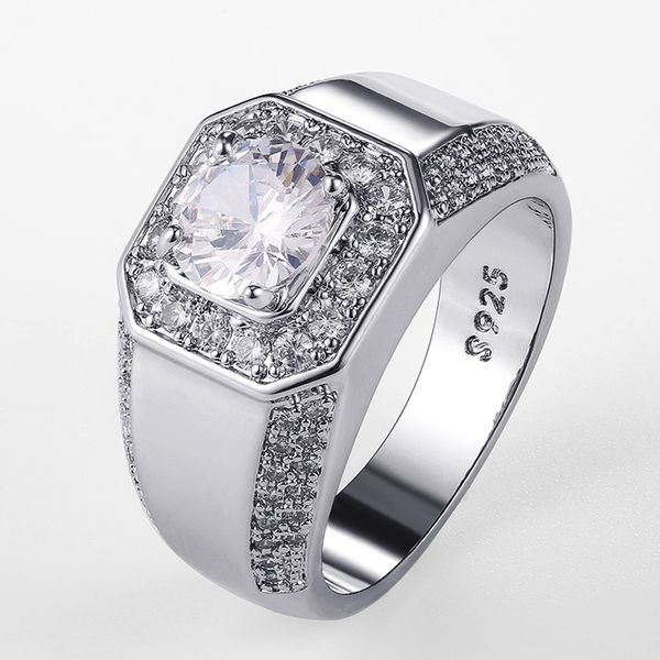 Luxury 925 Sterling Silver Men Crystal Zircon Stone Boda Anillo de bodas Compromiso Noble Inmaciosos Anillos de fiesta con sello