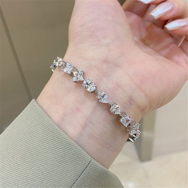 Luxe 925 Sterling Silver Shaped Tennis Love Designer Bracelet Bijoux pour Femme Blanc 5A Cubic Zirconia Coeur Carré Charme Chaîne Femmes Bracelets Coffret Cadeau 16-18cm