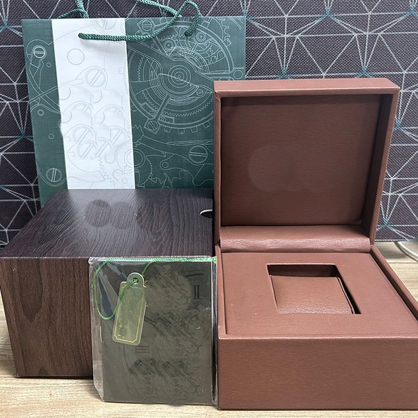 Lujo A Diseñador P Gris Marrón Caja de reloj cuadrada Material de cuero de madera Paquete de certificado Folleto Conjunto completo de accesorios de reloj de lujo para hombres y mujeres box lb factory