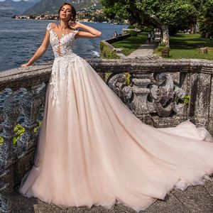 Robe de mariée de luxe en ligne A, en dentelle modeste, en tulle, avec manches longues, col en V, boutons au dos, nouvelle collection 2023, robes de mariée sexy, broderie élégante, robe de mariée de plage de campagne