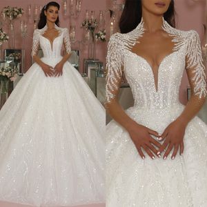 Luxe een lijn trouwjurken voor vrouwen hoge kraag lange mouwen boho bruidsjurken kralen applices appliques kanten knop terug vegen trein gewaad de mariage