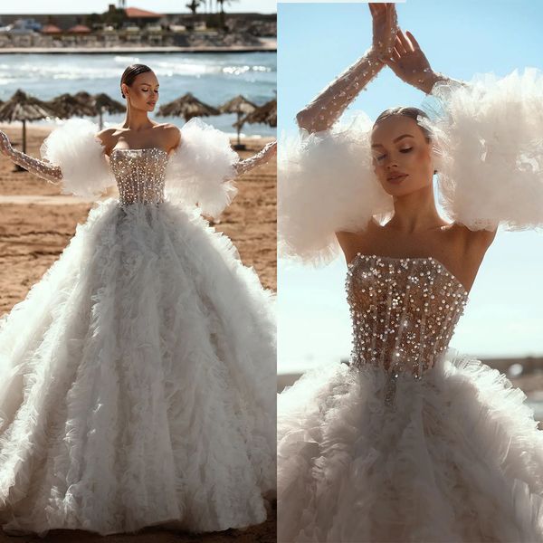 Luxury A Línea Vestido de novia para mujeres Ruffles sin tirantes vestidos de novia sin mangas lentejuelas