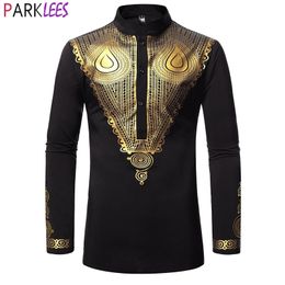 Luxe Afrikaanse goud bedrukt kleding voor mannen Dashiki National Bazin Rijke Trouwjurk Shirts Heren Mandarijn Kraag Afrika Kleding 210522