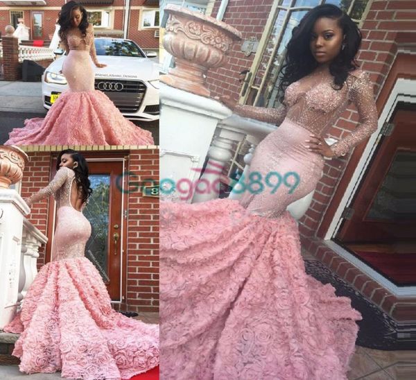 Robes de bal africaines de luxe pour fille noire dentelle rose cristal robe de soirée de fiançailles à manches longues sexy pure robe sur mesure de S7052044