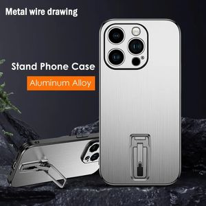 Luxe Aluminium Stand Telefoon Case Voor iPhone 14 13 Pro Max Plus Metalen Lens Bescherming TPU Frame Tekening Beugel Shockproof Cover