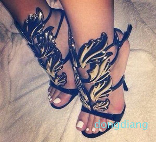 Luxe-Incroyable Lady Angel Wings Noir Nude Mince Talons Hauts Sandales Gladiateur Rome Wedge Femmes Feuille D'or En Cuir Pompes Sandales Chaussures