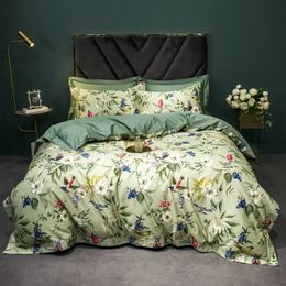 Style américain de luxe 1400tc Satin Egyptien Coton Floral Bird Printing Liberter Soft Dowvet Cover Lit Sheet Pillowscases 240422