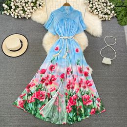 Luxe en luxueuze stijl jurk korte mouwen korte mouwen staande nek tailleband slanke een enkele borsten positionering print a-line grote swing jurk
