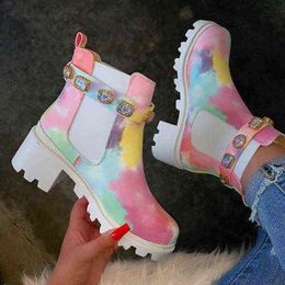 Botas de tobillo de lujo Otoño Invierno Rhinestone Rainbow Botas cortas Mujeres Zapatos casuales antideslizante Moda Fondo grueso Lady Calzado Y1209