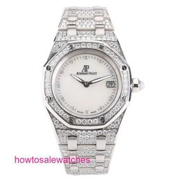 Luxury AP Wall Watch Royal Oak Series 18K All White Gold Original Diamond Fritillaria Quartz Womens Watch 67602bc 33 mm