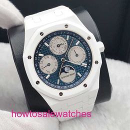 Luxury AP Wristwatch Royal Oak Series 26579CB White Céramic Blue Dalback Back Perpetual Calendar Men's Fashion Leisure Business Sports Mécanical Watch