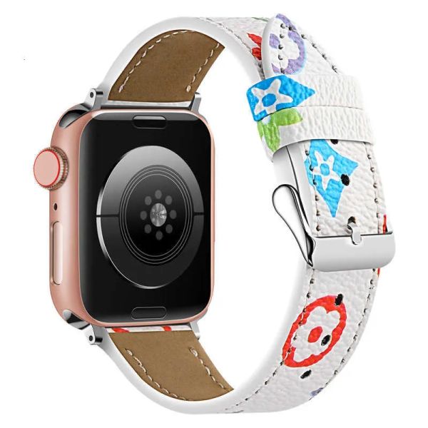 Luxury Apple Watch Band 38 40 41 42 44 45 45 49 mm Reloj de cuero Flores Strap Wutband para iWatch 8 7 6 5 4 SE Diseñador Bandas LX00510 JT