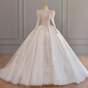 Luxe Applicaties Baljurk Trouwjurken Sweetheart Lace Up Back Prinses Illusion Appliqué Kralen Bruidsjurken Lange mouwen Crystal Robe de Mariage 2023