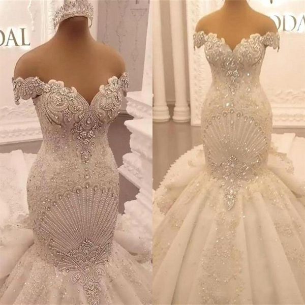 Apliques de lujo de encaje sirena vestido de novia 2023 elegante fuera del hombro cristal espalda descubierta volantes árabe Dubai Vestidos de novia Vestidos 292r