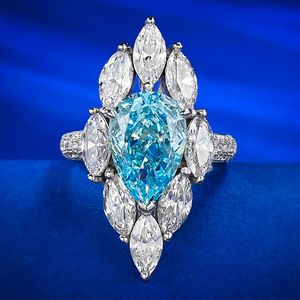 Luxe Aquamarijn Diamanten Ring 100% Echt 925 Sterling Zilver Party Wedding Band Ringen voor Vrouwen Mannen Engagement Sieraden Gift
