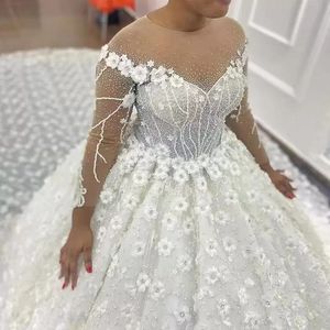Luxe Arabische Dubai Puffy Trouwjurk 2023 3D Bloem Kant Kralen Parels Illusion Bruidsjurken Church Train Vestidos De Novia Robe De Mariage