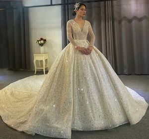 Luxe Arabische Dubai Trouwjurk 2024 V-hals Kristal Kralen Ruches Bruidsjurk Bling Customed Robe Mariage Vestidos De Noiva