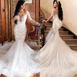 Luxury Arabic Mermaid Wedding Dresses Dubai Sparkly Crystals Long Sleeves Bridal Gowns Court Train Tulle Skirt robes de mariee bc4918