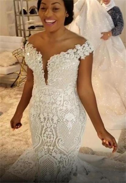 Vestido de novia árabe de lujo con hombros descubiertos, apliques de encaje de sirena, vestidos de novia con cuello transparente, tren desmontable de talla grande africano Custo305t