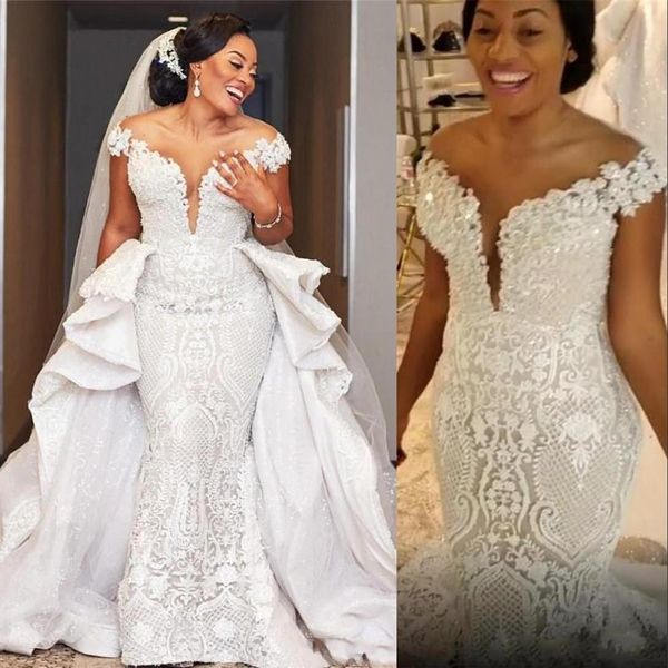 Luxe arabe hors épaules robe de mariée sirène dentelle appliques robes de mariée pure cou détachable train plus la taille africaine Custo243c