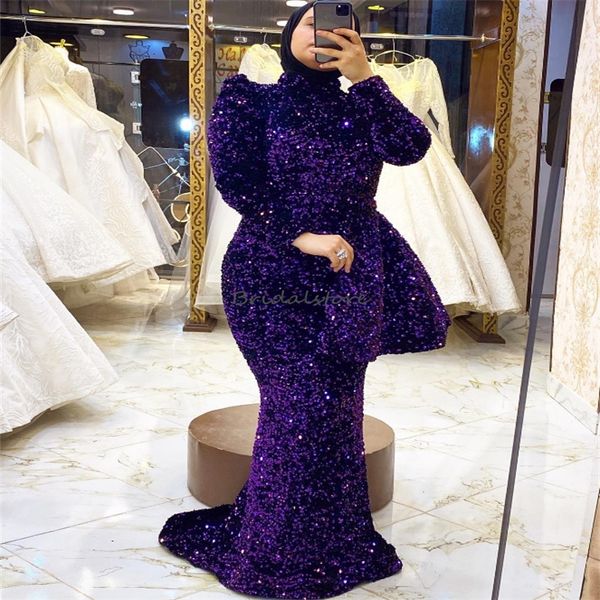 Luxe arabe violet robe de soirée 2024 col haut paillettes sirène robes de bal longueur de plancher grande taille occasion formelle robes de fête d'anniversaire Vestios de Gala Shine