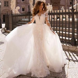 Luxe Arabische trouwjurk 2 in 1 elegante zeemeermin kanten boho trouwjurken met afneembare trein lange mouw dubai turish vrouwen bruidsjurken gewaad de mariage