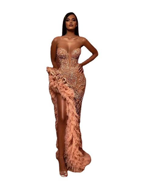 Luxe Aso Ebi Champagne Blush Sirène Robes De Bal Scintillantes Perlées Volants Haute Fente Chérie Arabe Robe De Soirée Occasion Robe