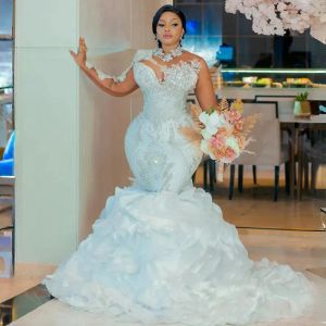 Luxe Aso Ebi Zeemeermin Trouwjurken voor Bruid Plus Size Bruidsjurken met Afneembare Trein Lange Mouwen Rehinstone Huwelijksjurk voor Afrikaanse Nigeriaanse Vrouwen NW129
