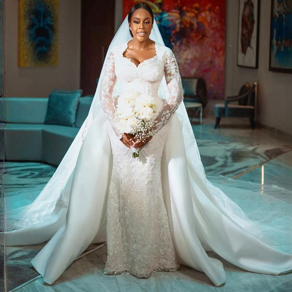 Vestidos de novia de sirena Aso Ebi de lujo para novia de talla grande con tren desmontable, ilusión de encaje, vestido de matrimonio de manga larga para mujeres negras africanas de Nigeria NW110