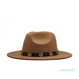 lusso- Autunno e inverno versione coreana del cappello di lana piatto moda in metallo cintura grande gronda cappello di feltro cappelli a trama semplice