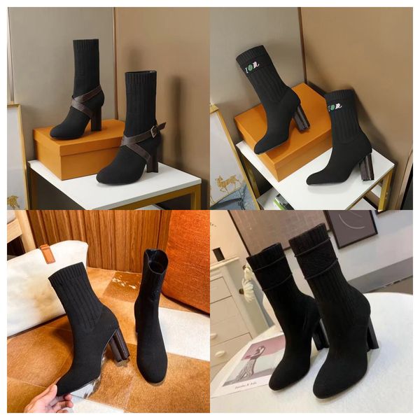 Luxe automne hiver chaussettes à talons bottes à talons mode sexy tricoté élastique botte designer alphabétique femmes chaussures dame lettre épais talons hauts grand