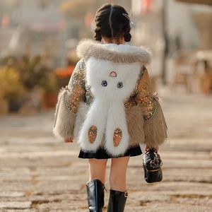 Luxe bébé filles vêtements hiver fourrure Parkas vestes paillettes fausse bande dessinée oreilles de lapin pardessus enfants coton rembourré survêtement 231220