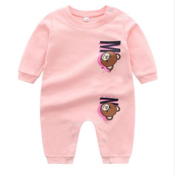 Luxury Baby Mompers Algodón de algodón recién nacido Autumn Set Patrón de oso infantil Niñas regulares Neck Romper Carta blanca Pink Blue Niños casuales Jumpsuits de manga larga