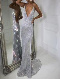 Luxe backless zeemeermin avondjurken Ellie Saab mouwloze sweep trein prom -jurken Sparkly pailletten Dubai Celebrity Party Prom 2533107