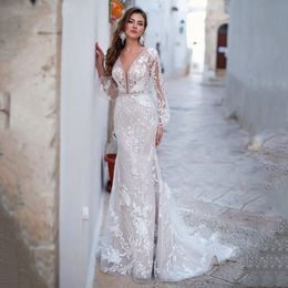 Luxe backless tule zeemeermin trouwjurken met lange mouwen kant applicaties v-hals witte bruidsjurk vestidos de novia
