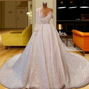 Luxe Baljurk Arabische Parels Trouwjurken Kralen Lange Mouwen Lovertjes Kristal Bruidsjurken Custom Made Vestido de Novia